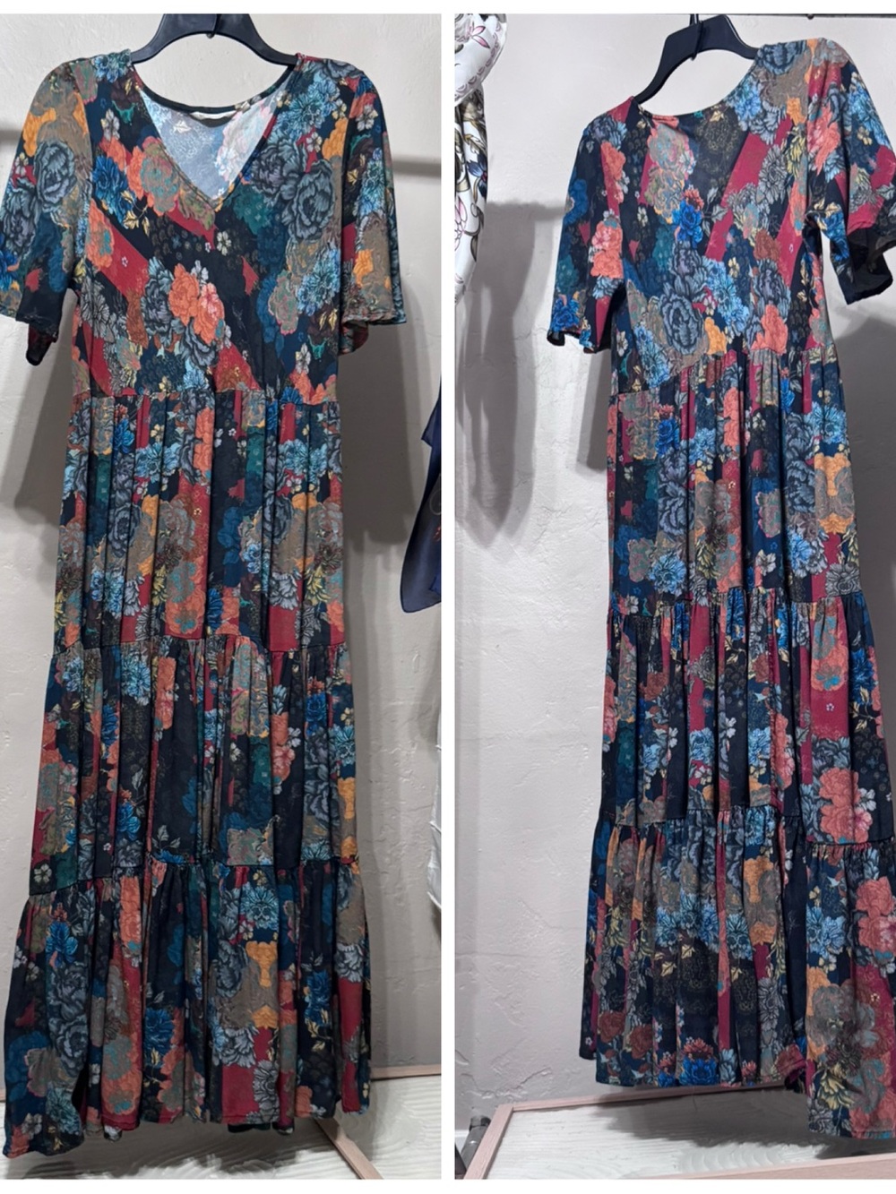 Soft Surroundings Navy Floral Maxi Dress with Teal, Coral, and Mustard Accents
